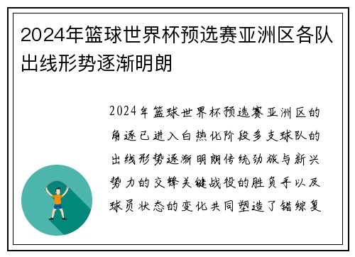 2024年篮球世界杯预选赛亚洲区各队出线形势逐渐明朗